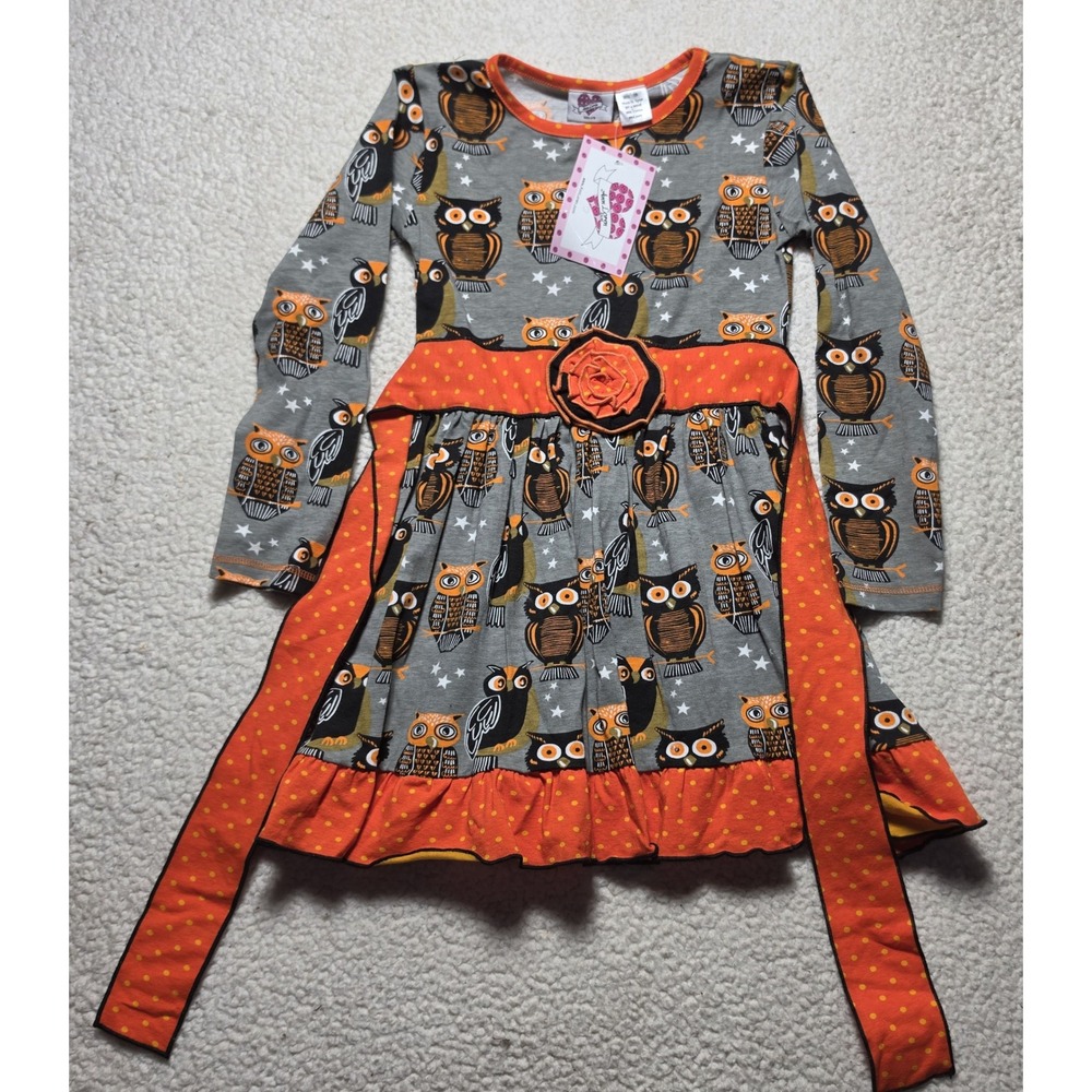 Ann Loren Girls Owl Print Long Sleeve Dress Orange Grey Size 7/8 NWT